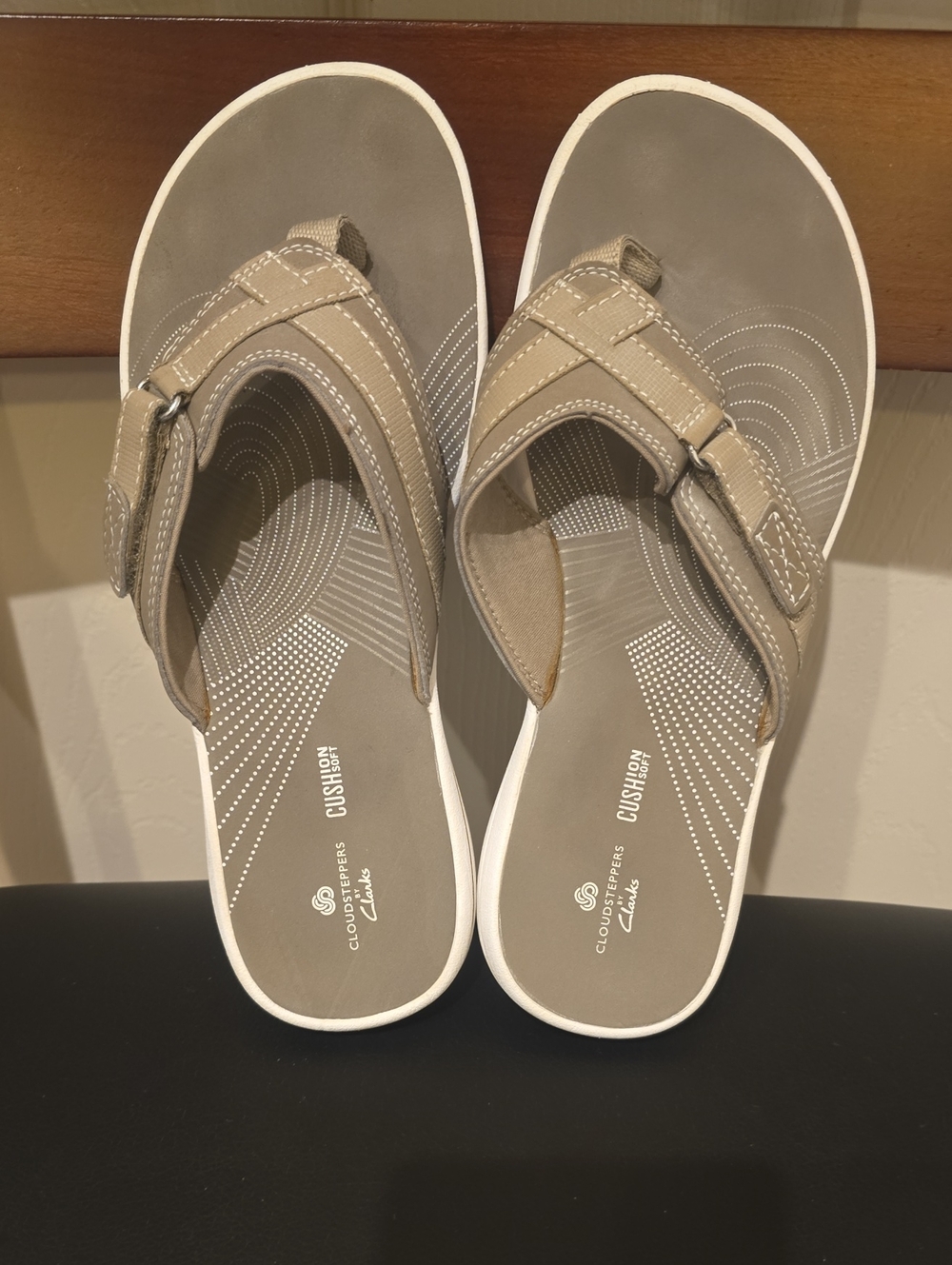 Clarks Taupe and White Cushioned Toe-Post Sandals